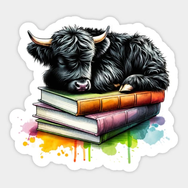 Watercolor Black Highland Cow And Books Sticker by The Jumping Cart